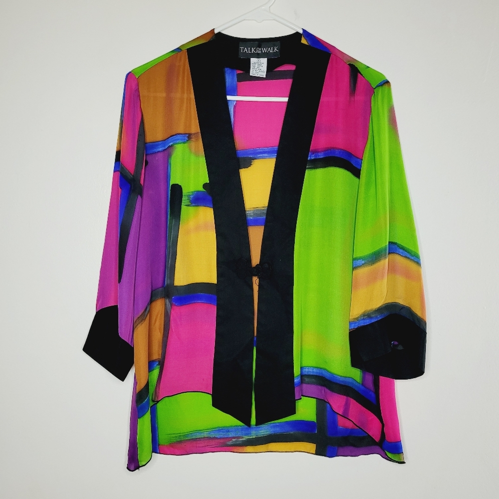 Vintage Talk Of The Walk Top 100% Silk Women's Colorful 90's Small Paintbrush